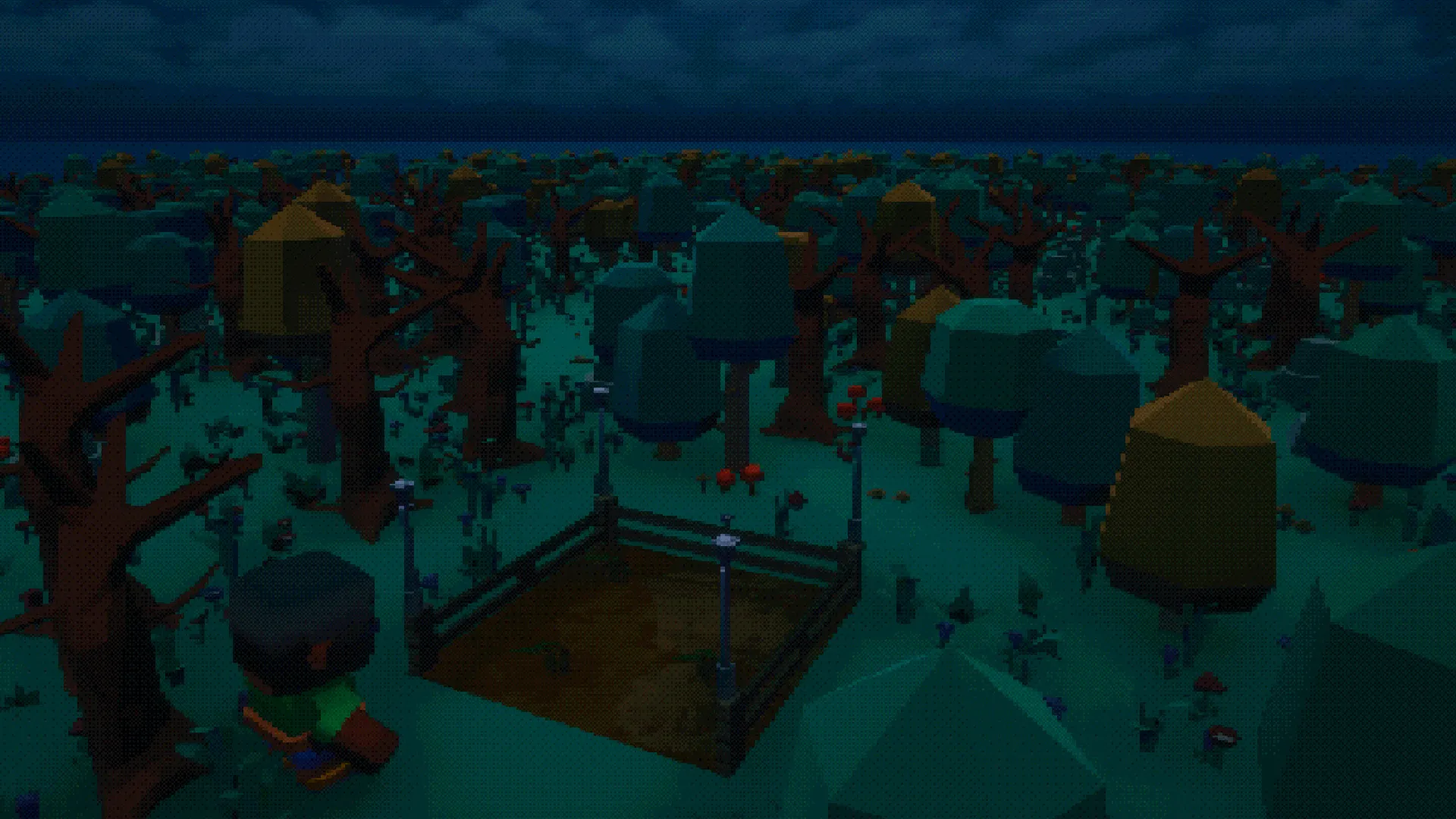 The island at night, lit blue-green. A fenced plot of tilled soil sits among trees and lamp posts, with a lone figure standing at its edge.