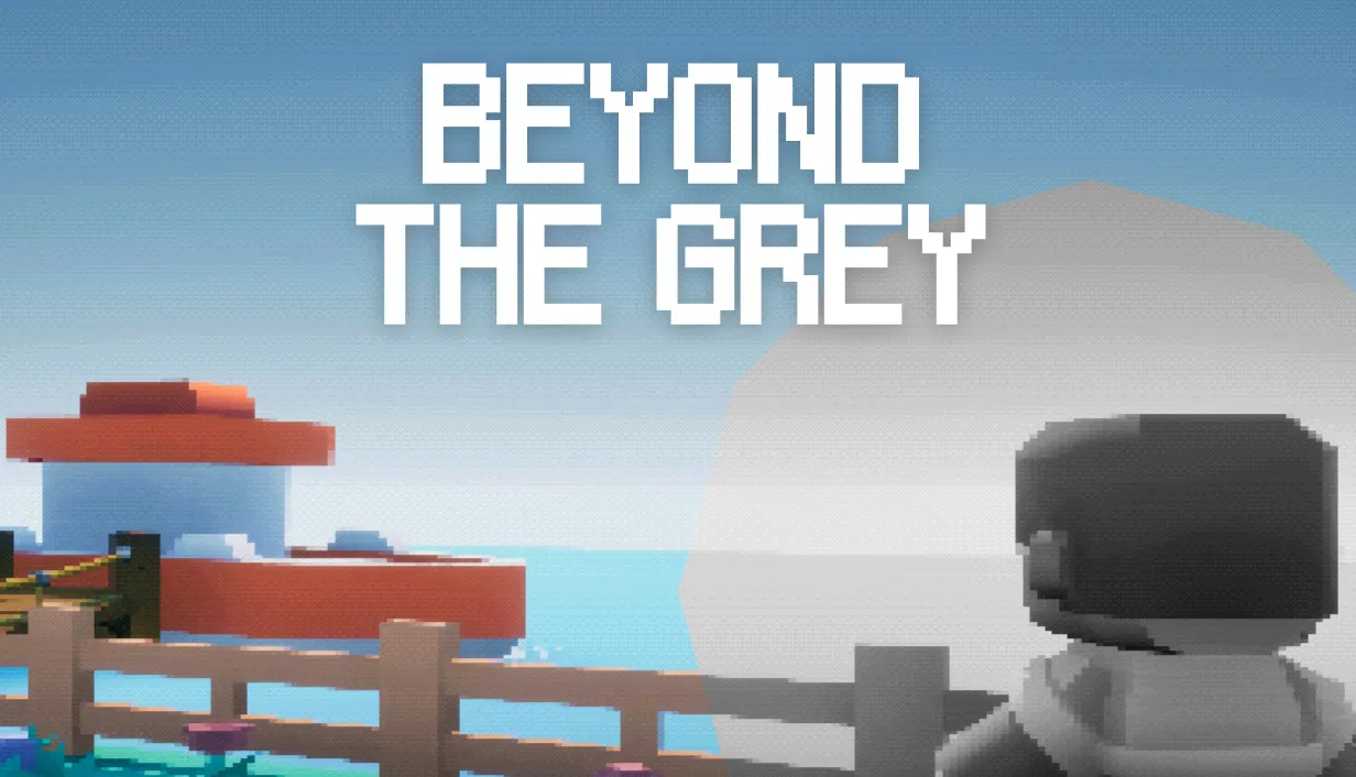 Beyond The Grey key art. A character in white stands at a wooden fence looking out over a bright blue bay, with a red fishing boat moored beside a jetty and a pale hill rising on the right.