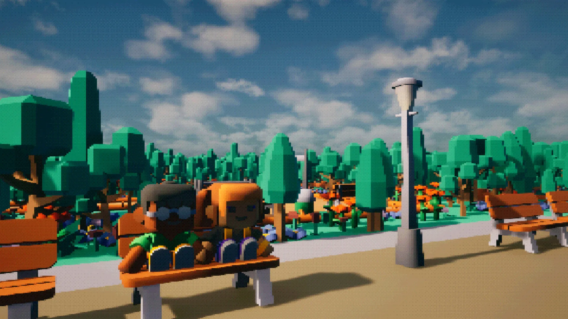 Two characters sit together on a wooden bench in bright daylight, with a streetlamp, flowering beds and low-poly trees behind them.